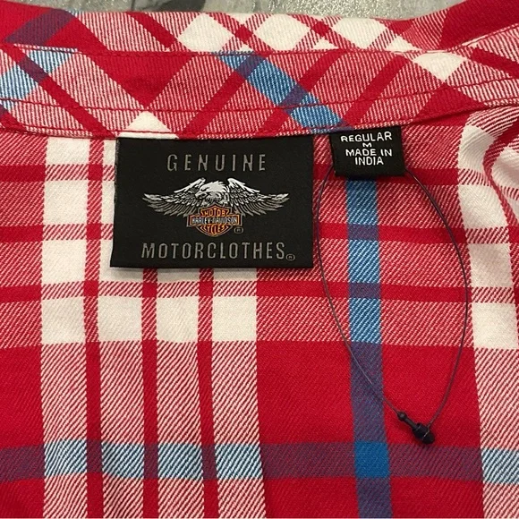 Harley-Davidson Vintage Red, White and Blue Plaid Button-Front Shirt - Picture 10 of 14